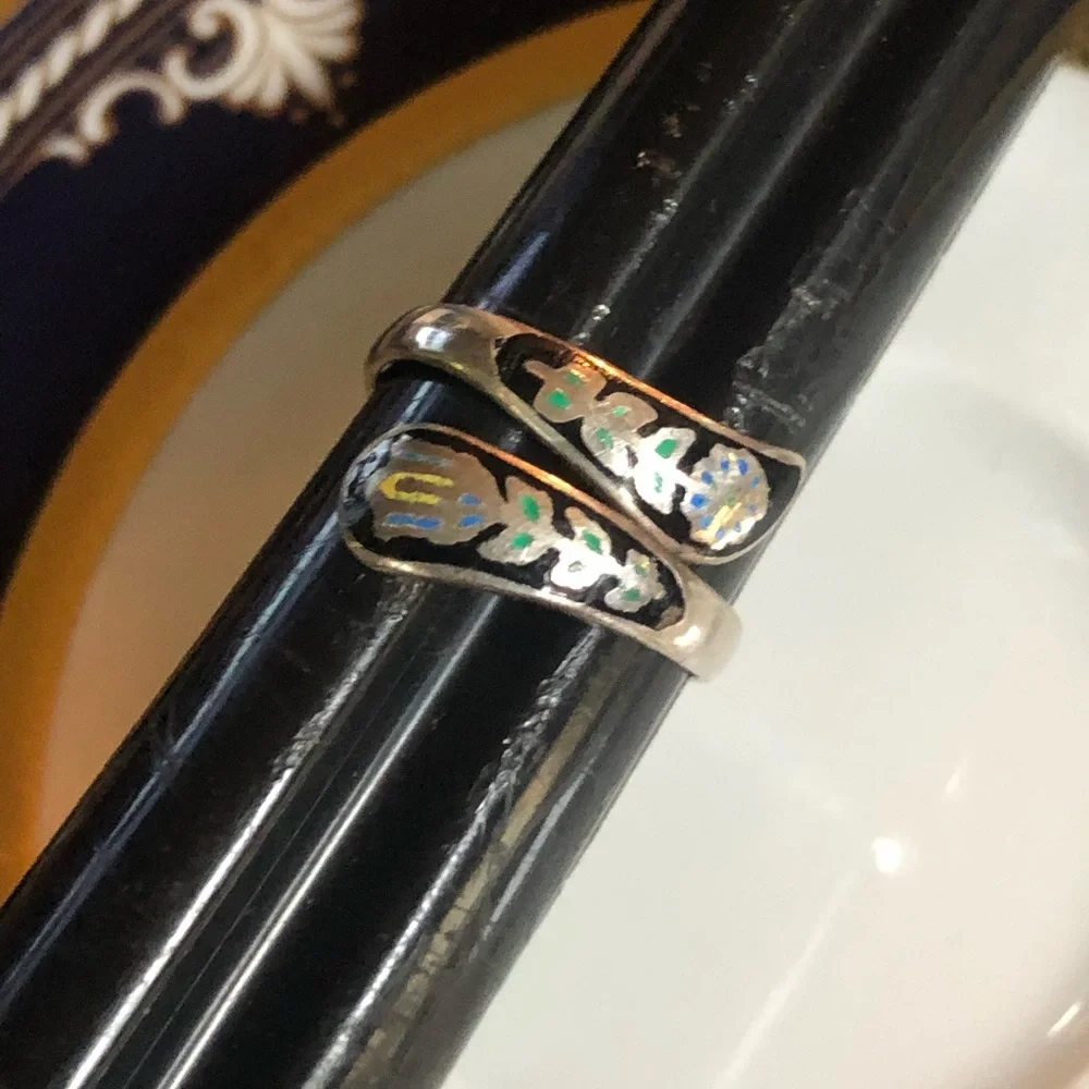 Vintage Enameled Cloisonné Flowers Sterling Wrap Silver Ring